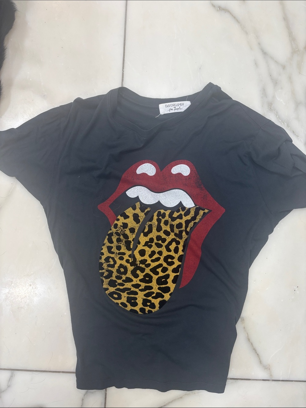 Daydreamer Black Tee with Red Lips and Yellow Leopard Tongue